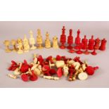 A BAG OF MIXED CARVED IVORY CHESS PIECES, largest 10cm, smallest 5cm.