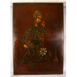 A LARGE PERSIAN OIL PAINTING ON CANVAS OF A FIGURE AND INSTRUMENT - The large painting depicting a