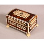 A SMALL INDIAN SHELL & IVORY BOX - the body with tortoiseshell veneer with overlaid carved ivory