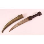 AN IRANIAN OR TURKISH OTTOMAN HUNTER KNIFE, carved wood handle, steel blade & moulded sheath, 41cm
