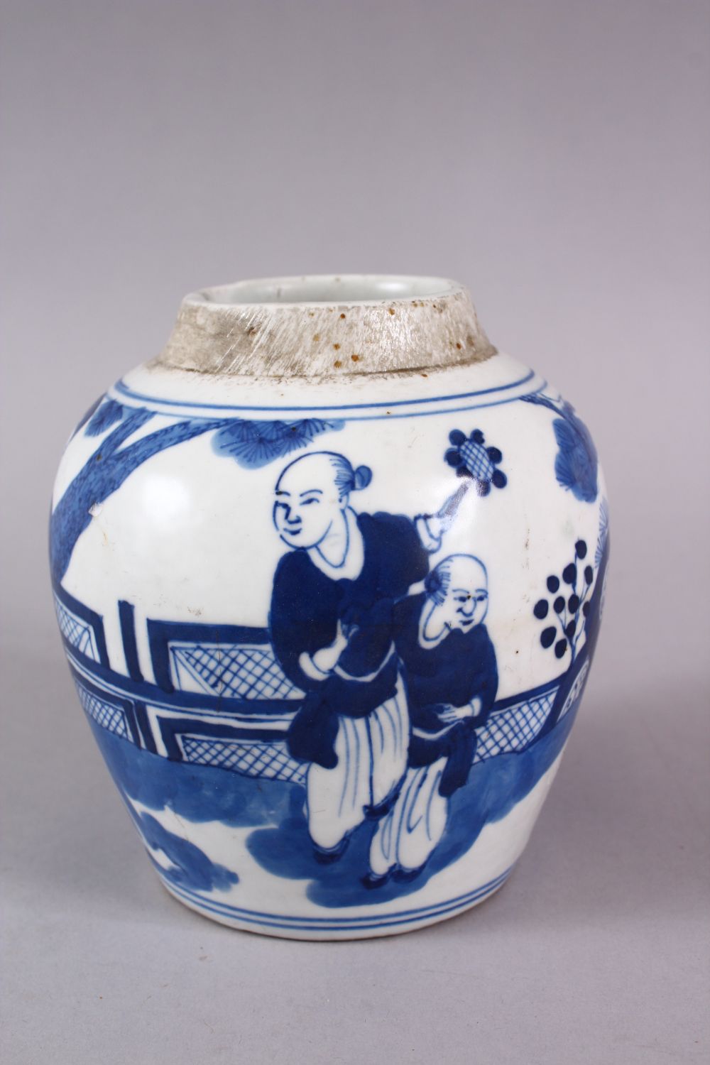 A CHINESE BLUE & WHITE PORCELAIN JAR , decorated with scenes of figures on a balcony in a - Image 4 of 5