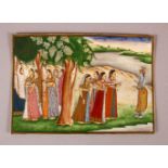 A FINE INDIAN IVORY MINIATURE PAINTING OF KRISHNA AND GOPIES, 15cm x 10.5cm.