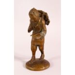 A SMALL JAPANESE/ORIENTAL BRONZE FIGURE OF A TRAVELLING MAN, 14cm high. `