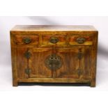 A GOOD MID 19TH CENTURY TIANJIN ELM WOOD CABINET/SIDE BOARD, with a planked rectangular top