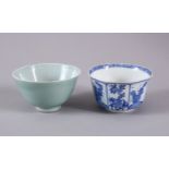 TWO CHINESE PORCELAIN BOWLS, one kangxi style with panel decoration of flora, the base wwith a six