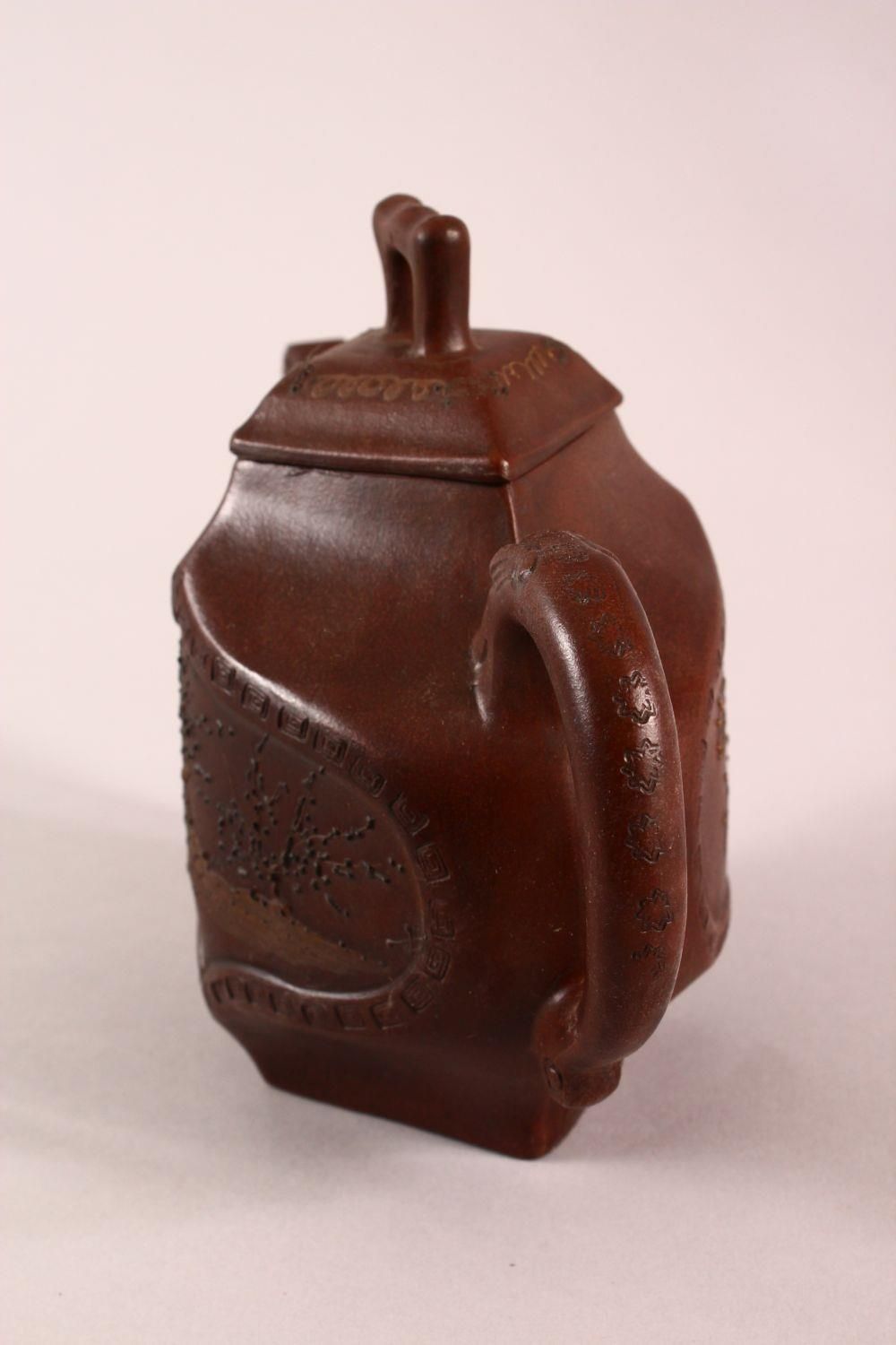 A CHINESE YIXING DIAMOND SHAPE TEAPOT, with a panel depicting a stylised landscape and another panel - Image 7 of 9