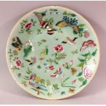 A 19TH CENTURY CHINESE CELADON FAMILLE ROSE PORCELAIN PLATE, With decoration of birds, flowers and