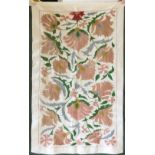 A SMALL FLORAL EMBROIDERED COTTON WALL HANGING / TABLE CENTRE, 20th Century, Susani, 2ft 11ins x 1ft