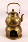 A JAPANESE MEIJI PERIOD BRASS TEA KETTLE & STAND - with carved panels of flora and birds, 25cm