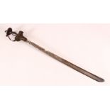 AN 18TH CENTURY INDIAN TULWAR SWORD, with silver inlaid hilt, 78cm long.