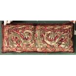 A 17TH/18TH CENTURY SPANISH OR ITALIAN GOLD EMBROIDERED VELVET PILLOW, 22in x 9in.