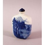 A CHINESE PORCELAIN BLUE AND WHITE SNUFF BOTTLE decorated with landscape, 7cm high.