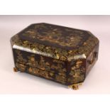 A GOOD CHINESE LAQUER DECORATED LIDDED SEWING BOX, decorated exterior with scenes of figures in