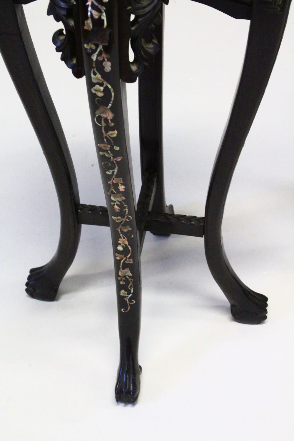 A GOOD PAIR OF LATE 19TH CENTURY CHINESE CARVED HARDWOOD TALL STANDS, each inset with a circular - Image 6 of 9