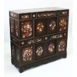 A 19TH/20TH CENTURY CHINESE MOTHER OF PEARL INLAID HARDWOOD CABINET, each end with six floral inlaid