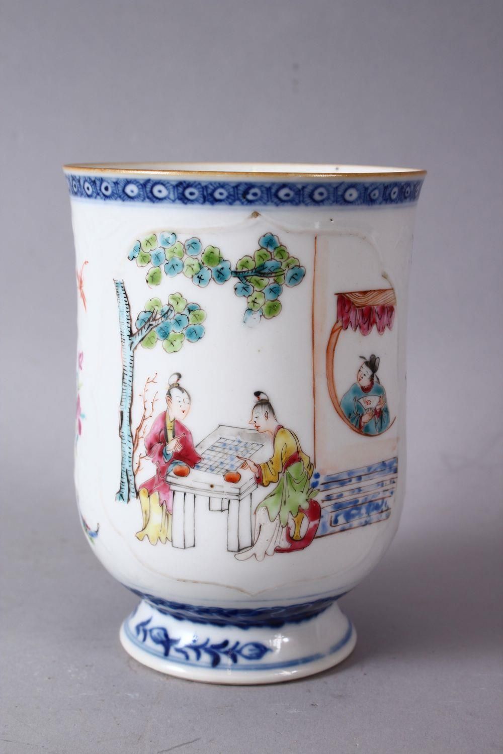 A 18TH / 19TH CENTURY QIANLONG FAMILLE ROSE PORCELAIN CUP, the body slightly moulded with panels - Image 2 of 3