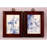 A PAIR OF CHINESE BLUE & WHITE PORCELAIN FRAMED PANELS - each decorated with birds amongst flora -