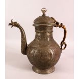 AN ISLAMIC TINNED COPPER EWER, engraved with a roundel of calligraphy and bands of native flora, the