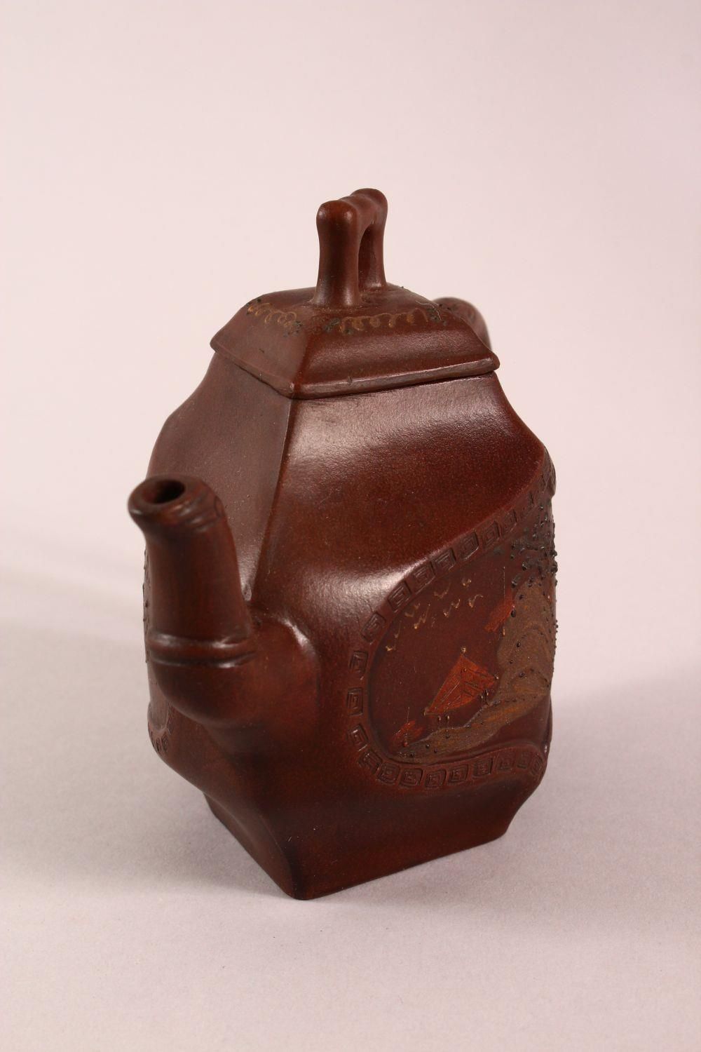 A CHINESE YIXING DIAMOND SHAPE TEAPOT, with a panel depicting a stylised landscape and another panel - Image 3 of 9