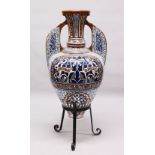 A HUGE 19TH CENTURY ISLAMIC HISPANO MORESQUE POTTERY ALHAMBRA STYLE POTTERY VASE & STAND, possibly