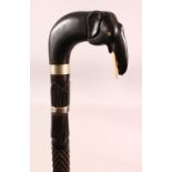 A GOOD CEYLONESE CARVED EBONY ELEPHANT HANDLE WALKING STICK - carved handle in the form of an