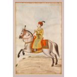 A FRAMED INDIAN MINIATURE PAINTING, painted with a figure on a horse, overall 35cm x 26cm.
