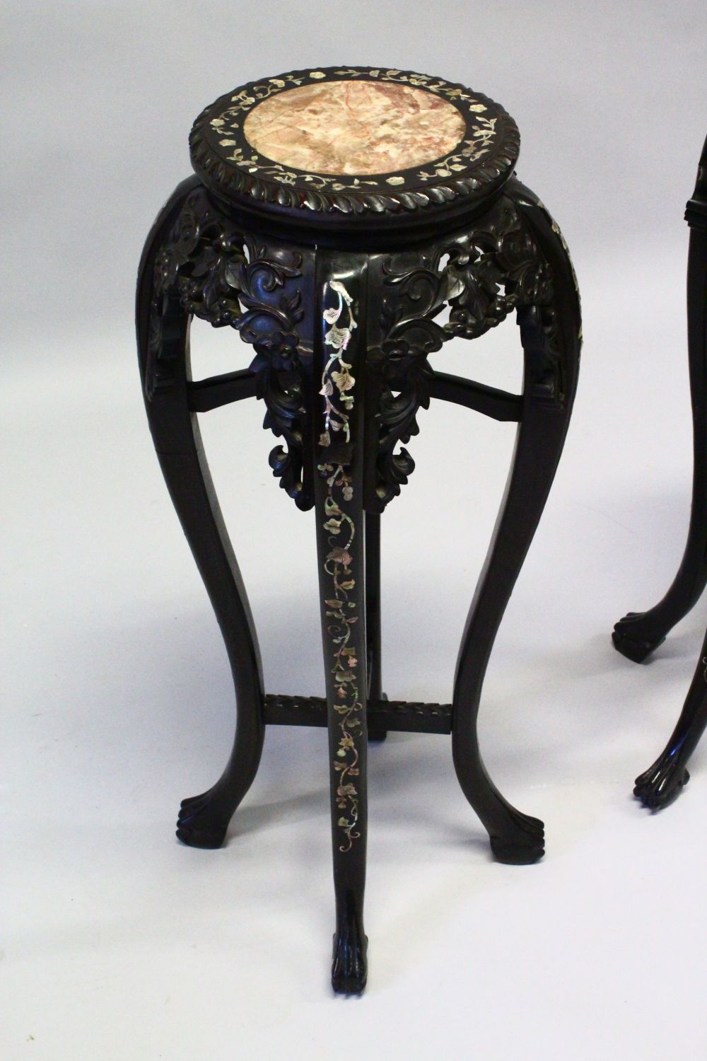 A GOOD PAIR OF LATE 19TH CENTURY CHINESE CARVED HARDWOOD TALL STANDS, each inset with a circular - Image 2 of 9