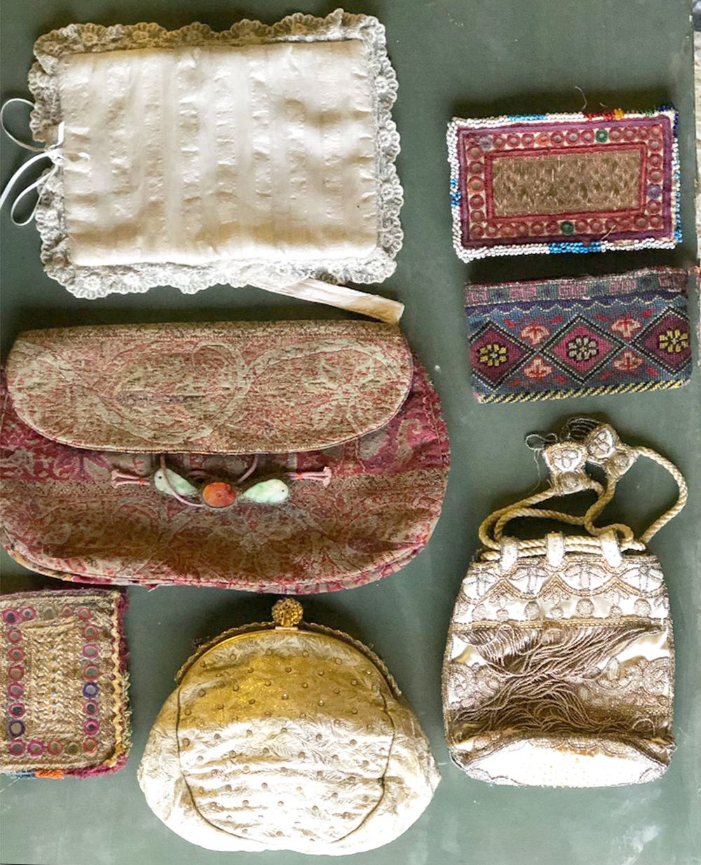 SEVEN ASSORTED EMBROIDERED AND OTHER BAGS.