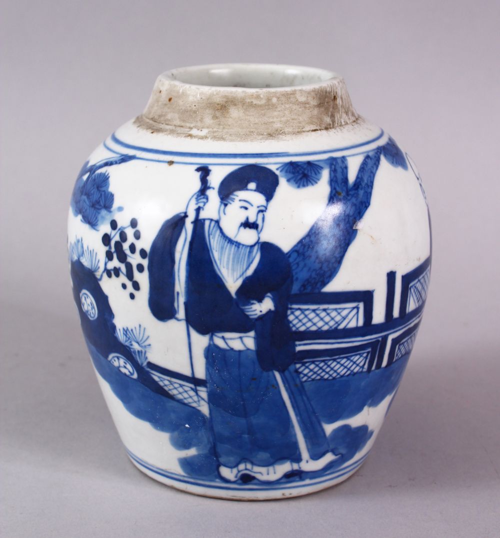 A CHINESE BLUE & WHITE PORCELAIN JAR , decorated with scenes of figures on a balcony in a