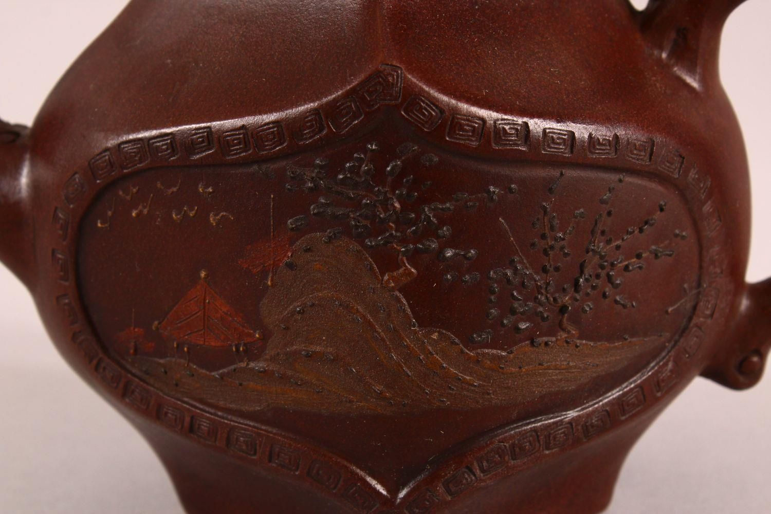 A CHINESE YIXING DIAMOND SHAPE TEAPOT, with a panel depicting a stylised landscape and another panel - Image 2 of 9