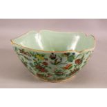 A LARGE 19TH CENTURY CHINESE CELADON FAMILLE ROSE PORCELAIN LOBED BOWL - decorated with a celadon