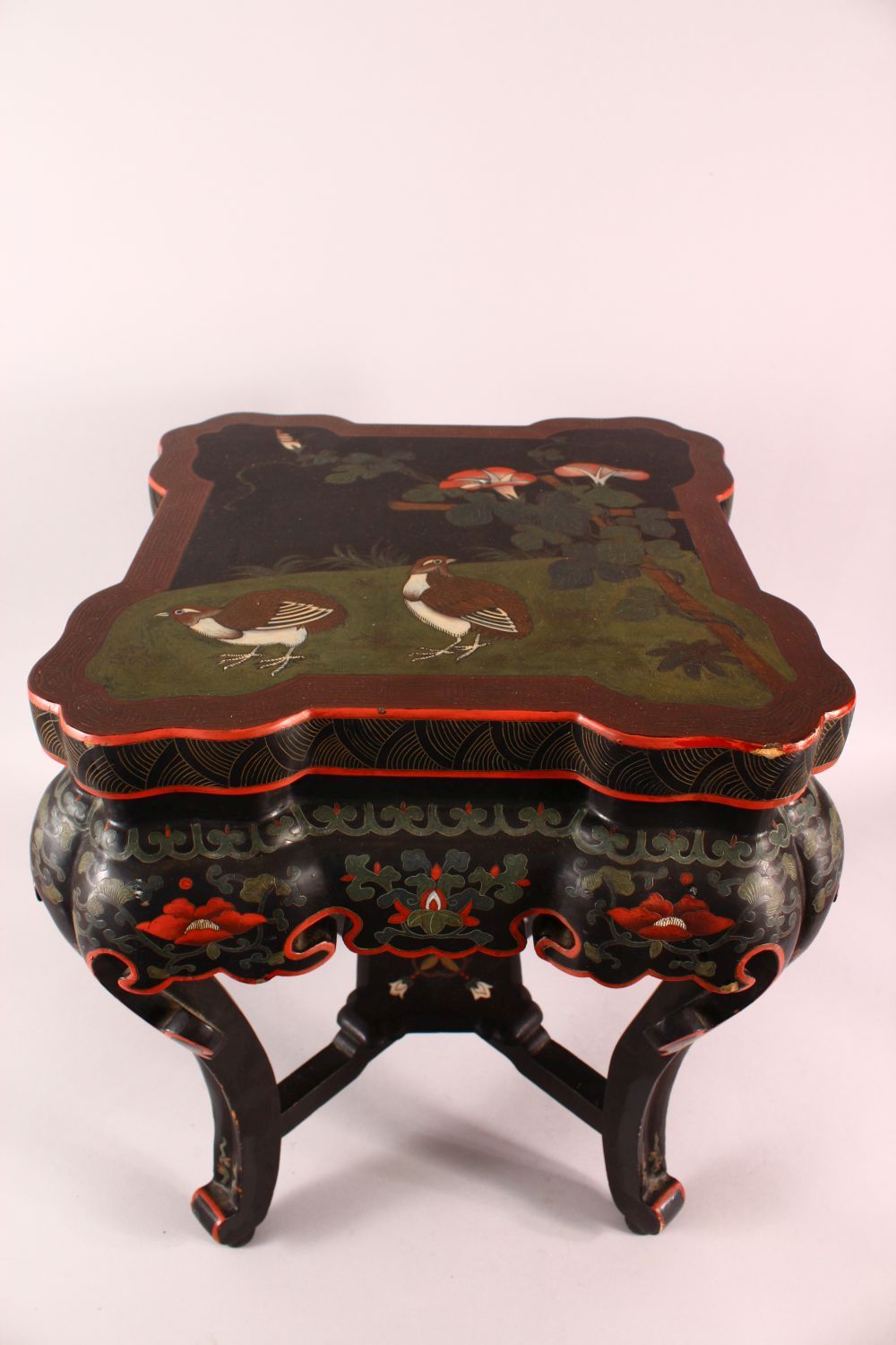 A GOOD CHINESE CARVED WOOD & LACQUER DECORATED LOW TABLE, the top with decoration of quails in - Image 2 of 6