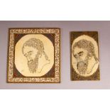 TWO ISLAMIC ANIMORPHIC PENWORK DECORATED IVORY MINIATURE PORTRAIT PLAQUES, 9cm x 9cm and 8.5cm x 4.