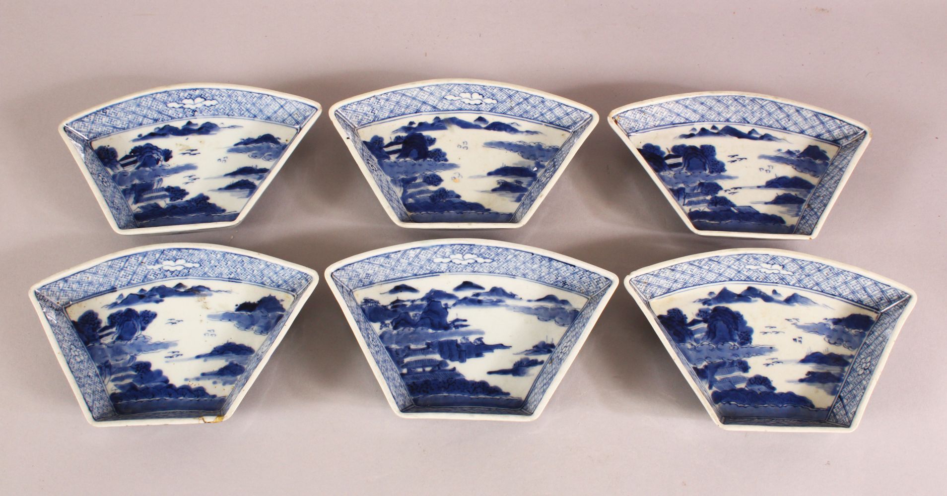SET OF SIX 18TH / 19TH CENTURY BLUE & WHITE PORCELAIN SERVING DISHES - each decorated with landscape