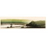 A CHINESE PAINTING OF A LANDSCAPE - the watercolour depicting fields - signed left section, framed -