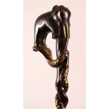 A GOOD CEYLONESE CARVED EBONY ELEPHANT & SERPENT HANDLE WALKING STICK - carved handle in the form of