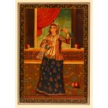A LARGE PERISAN PAINTING OF A FEMALE FIGURE - The female stood interior with fruit - framed: 59cm