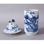 A 19TH CENTURY OR EARLIER CHINESE BLUE & WHITE PORCELAIN VASE & COVER, the vase with views of a