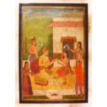 AN INDIAN PRINT ON CANVASS OF PRINCE AND ATTENDANTS, seated in the garden having a picnic