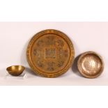 AN ISLAMIC CAIRO WARE SILVER AND COPPER INLAID BRASS TRAY, 34cm diameter, together with a small