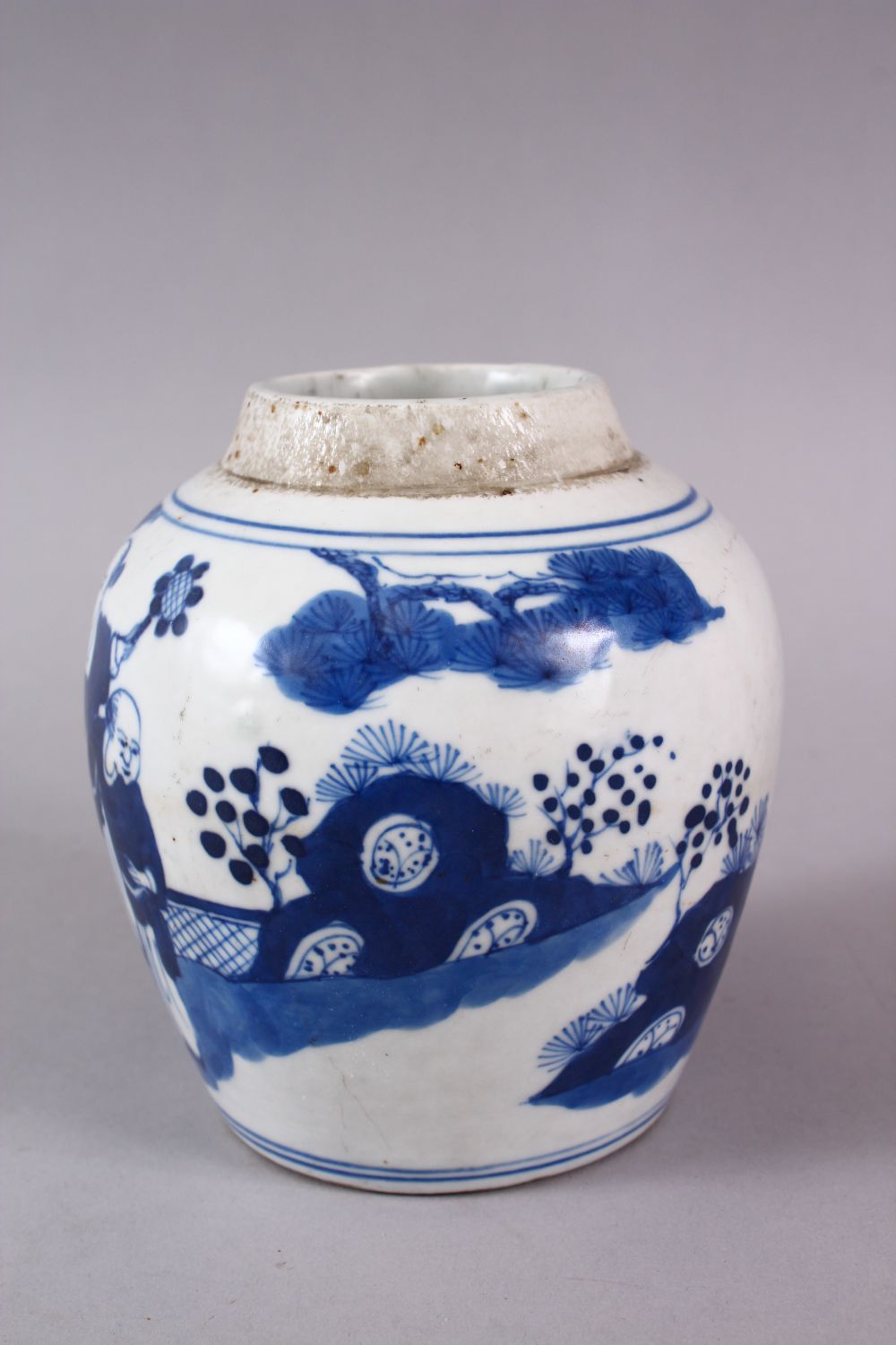 A CHINESE BLUE & WHITE PORCELAIN JAR , decorated with scenes of figures on a balcony in a - Image 3 of 5