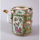 A 19TH CENTURY CHINESE CANTON FAMILLE ROSE PORCELAIN TEAPOT, decorated with panels of figures and