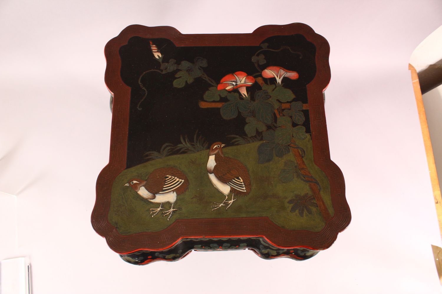 A GOOD CHINESE CARVED WOOD & LACQUER DECORATED LOW TABLE, the top with decoration of quails in - Image 3 of 6