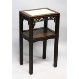 A GOOD LATE 19TH CENTURY CHINESE HARDWOOD TWO TIER STAND, the top inset with a marble panel above