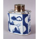 A CHINESE BLUE & WHITE PORCELAIN CADDY WITH A WHITE METAL MOUNT, the body of the caddy with