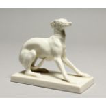 A GOOD NYMPHENBURG WHITE GLAZED PORCELAIN MODEL OF A SEATED UPRIGHT WHIPPET, AFTER P. J. MENE, on