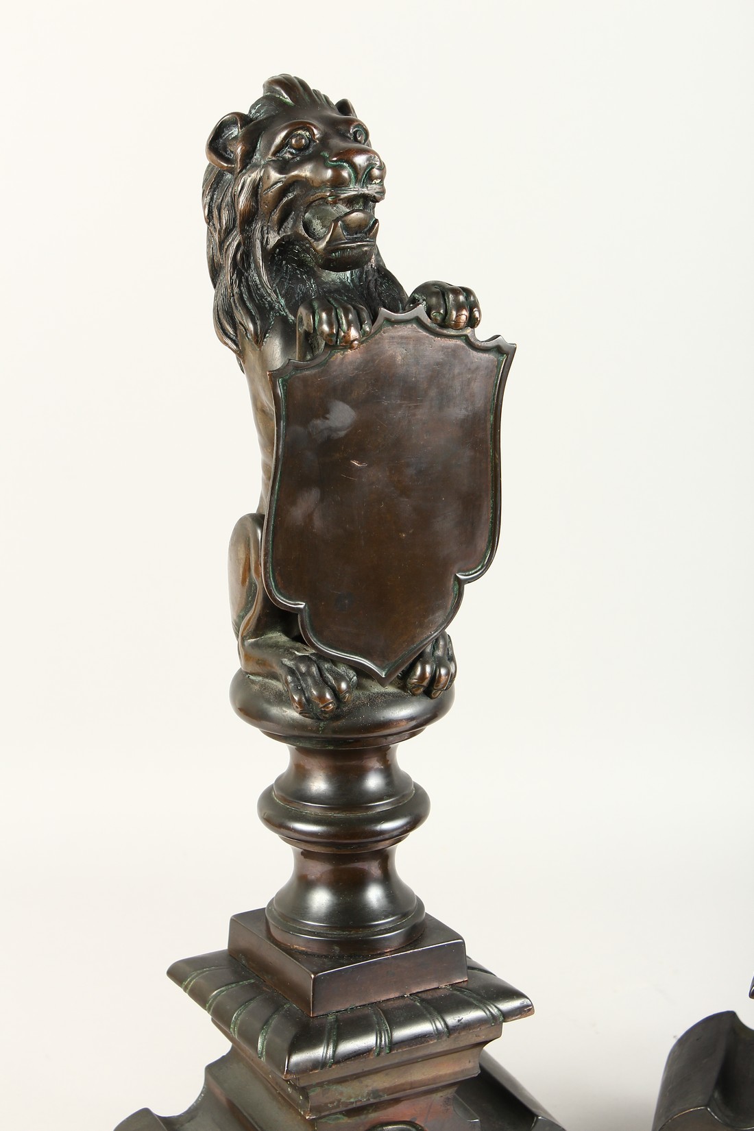 A SUPERB PAIR OF 19TH CENTURY BRONZE LION CHENETS holding a shield 23ins high. - Image 3 of 6