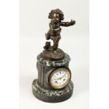 A 19TH CENTURY FRENCH BRONZE AND MARBLE CLOCK surmounted with a bronze putti. 16in high.