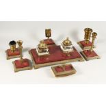 A SUPERB RUSSIAN HARDSTONE AND GILT METAL DESK SET, comprising inkstand with two glass bottles, 13
