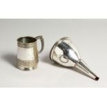 A SHEFFIELD PLATE WINE FUNNEL and a christening mug (2)